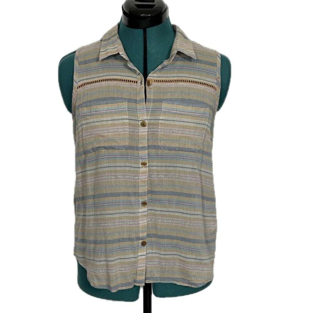 Toad&Co Sleeveless Shirt Striped Organic Cotton Small Beige Blue Casual Boho